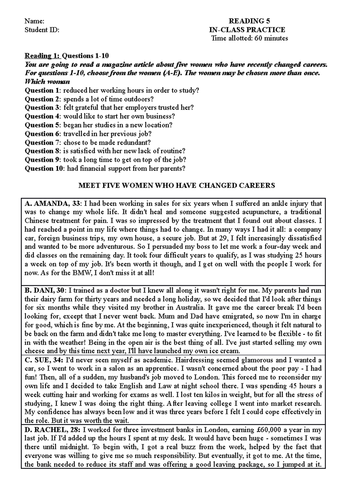 [2022.09.26] In-class practice 1 - Name: Student ID: READING 5 IN-CLASS ...