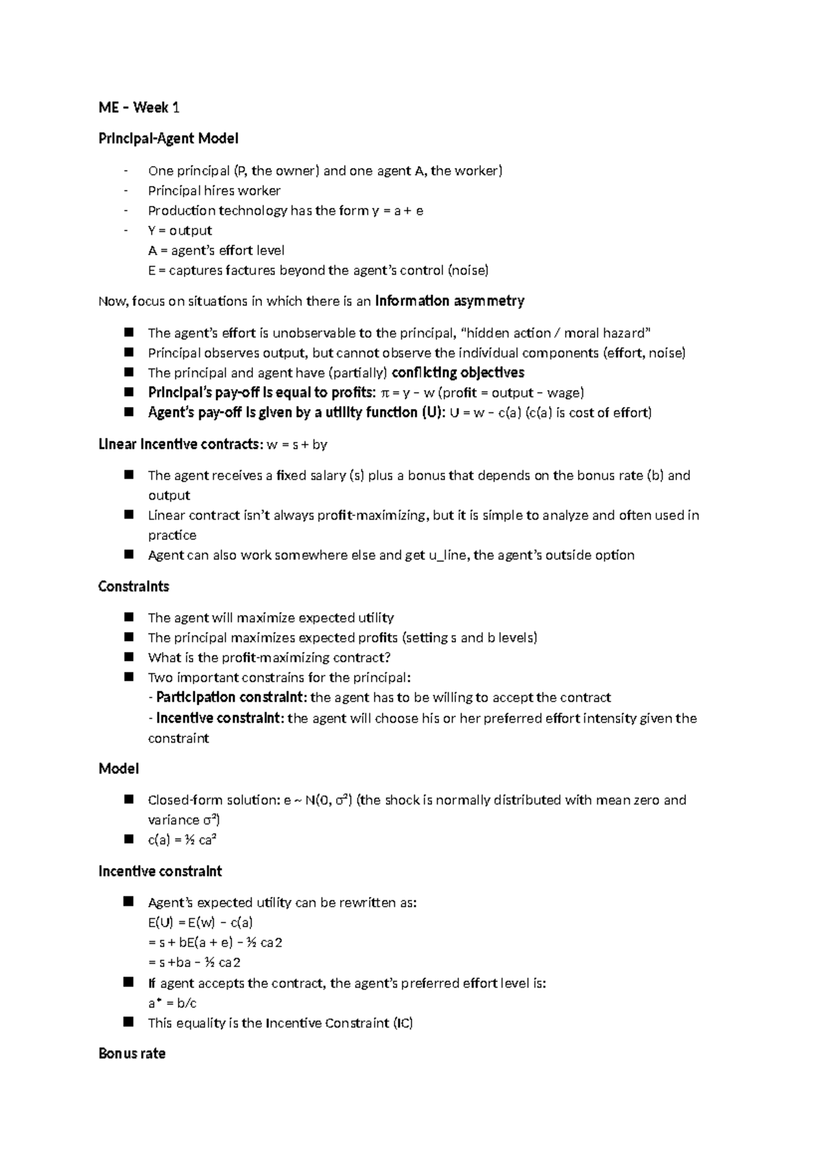 ME 101 Week 1 Lecture Notes: Principal-Agent Model Analysis - Studeersnel