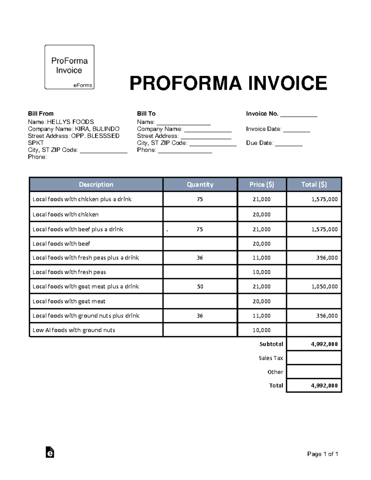 Proforma Invoice Template for Hellys Foods Business Use - Studocu