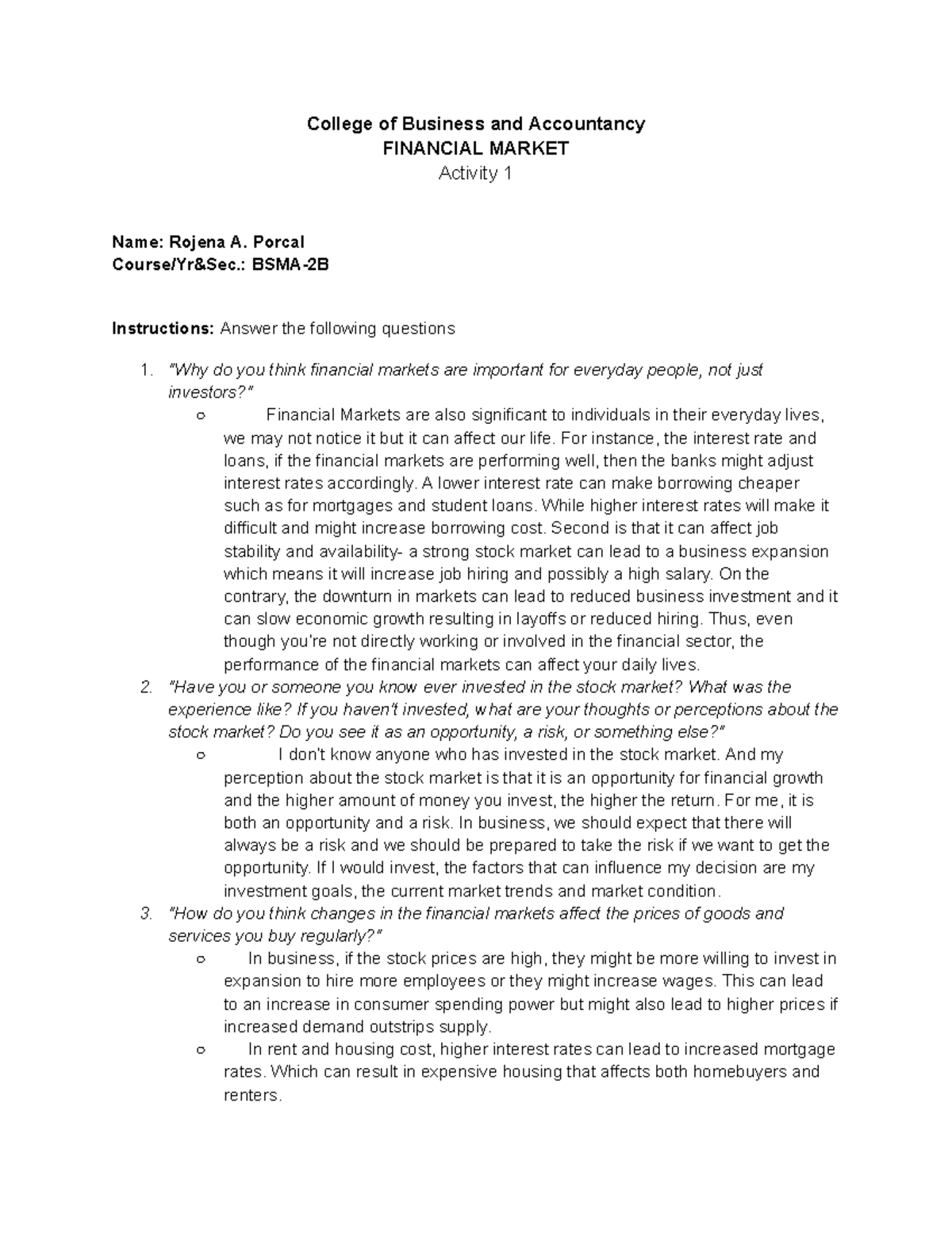 Copy of Activity 1 Fin - Notes on Financial Markets - College of ...