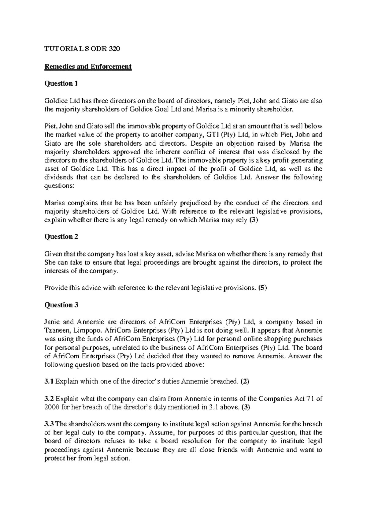 Tutorial 8 - ODR 320 Remedies & Enforcement Case Study Analysis - Studocu