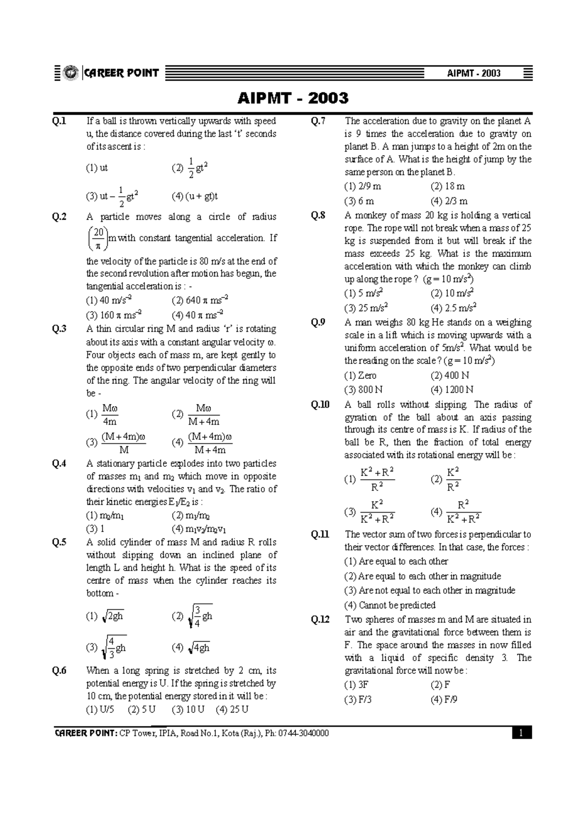 NEET 2003 - Comprehensive Question Paper Analysis - Studocu