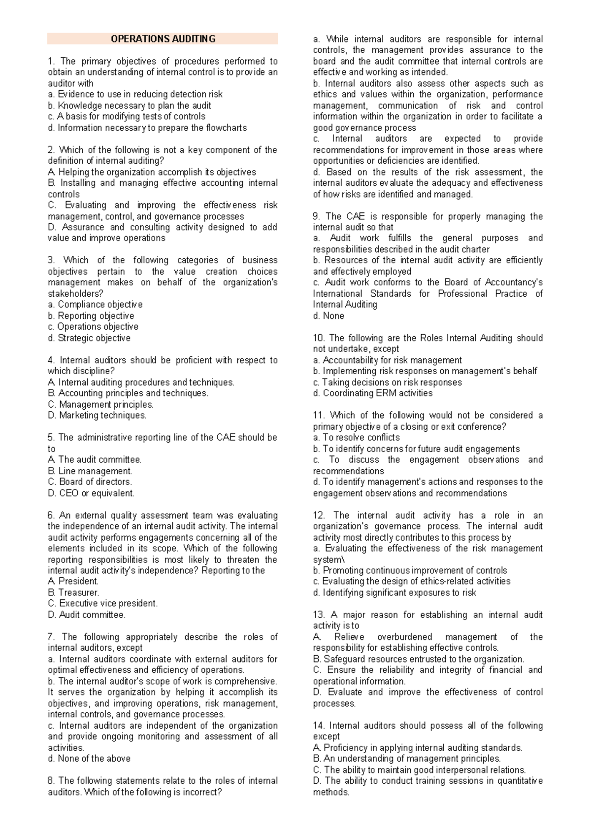 Operations Auditing - Practice Exam Notes (Course Code: OA101) - Studocu