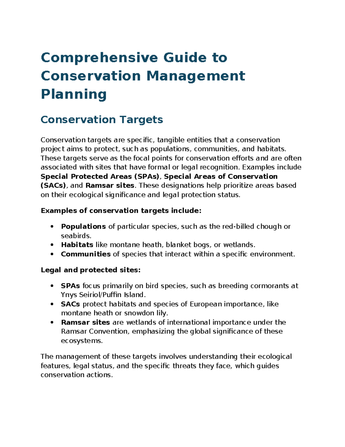 Conservation Management Planning: Targets, Threats, and Strategies ...