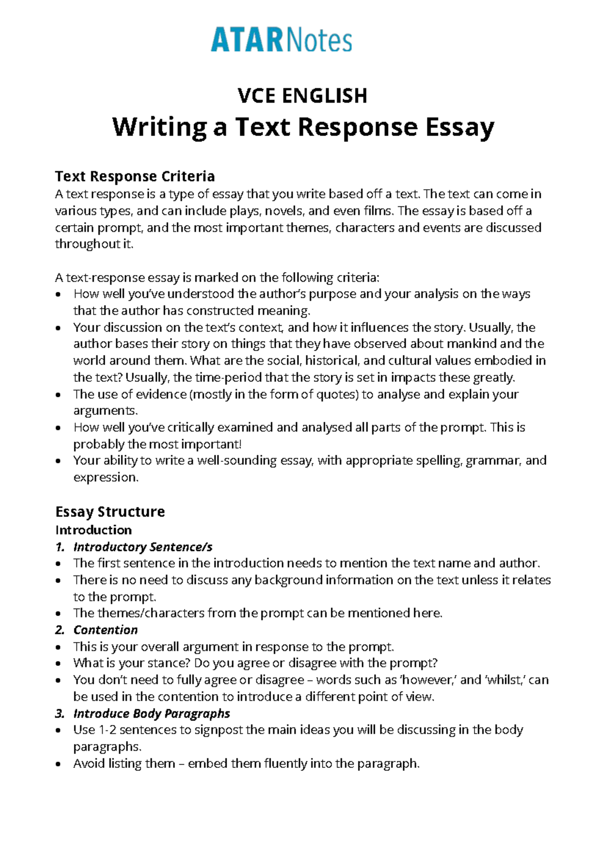 Text Response Essay Notes - VCE ENGLISH Writing a Text Response Essay ...