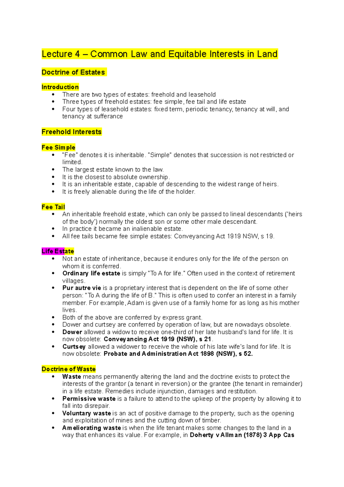 Final Exam Notes for Property Law (LAW401): Common Law & Estates - Studocu