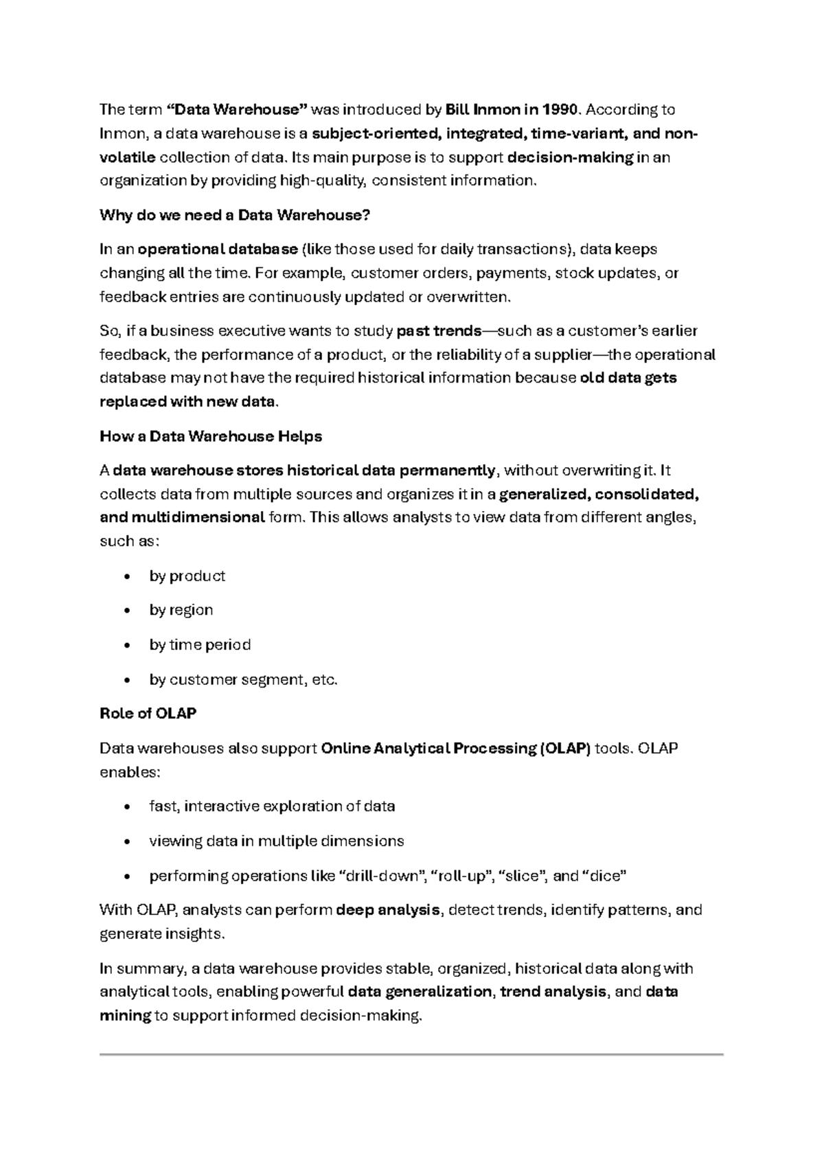 Dwdm EXTRA STUDY NOTES: Understanding Data Warehousing Concepts - Studocu