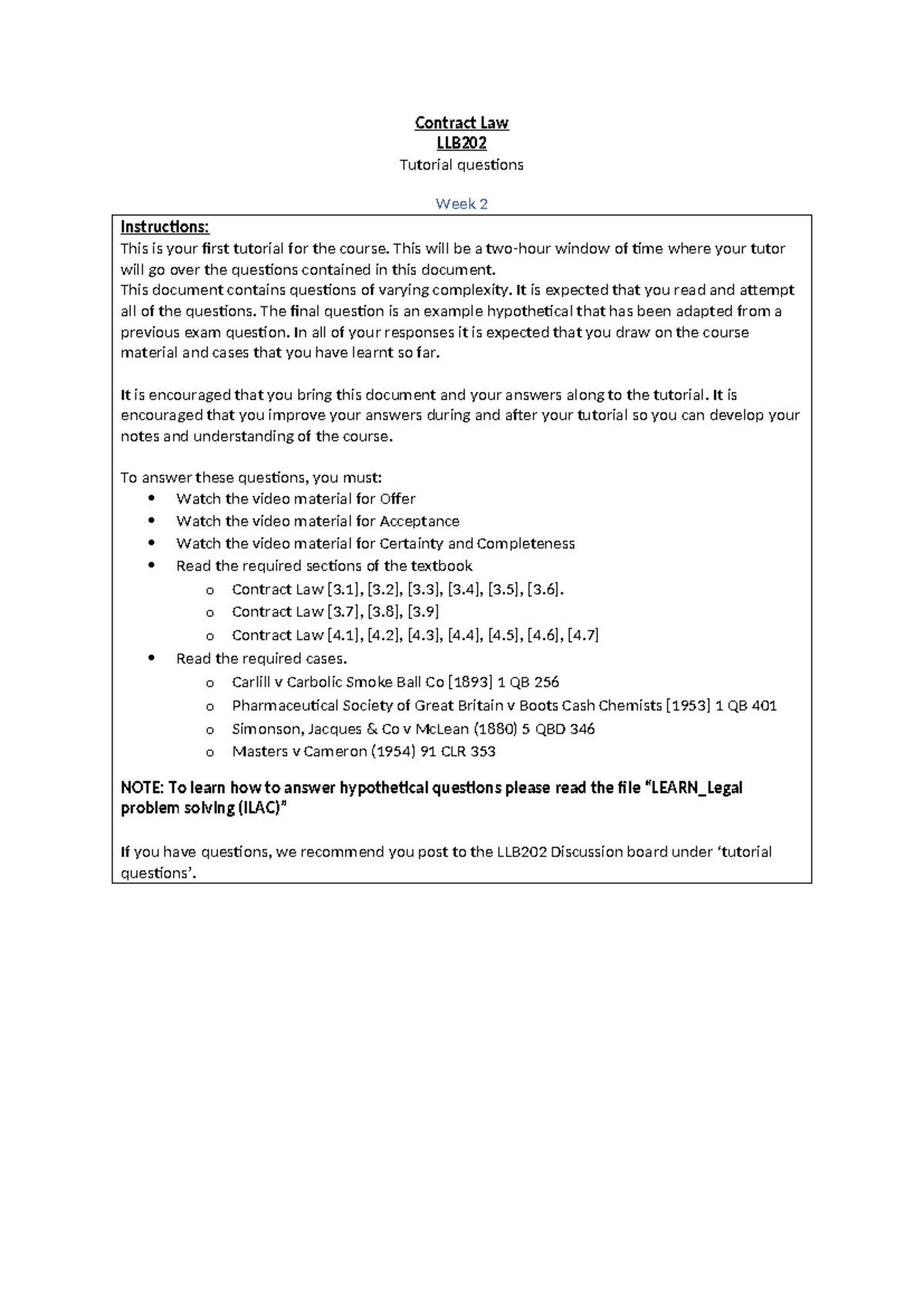 LLB202 Contract Law Week 2 Tutorial Questions and Guidance - Studocu