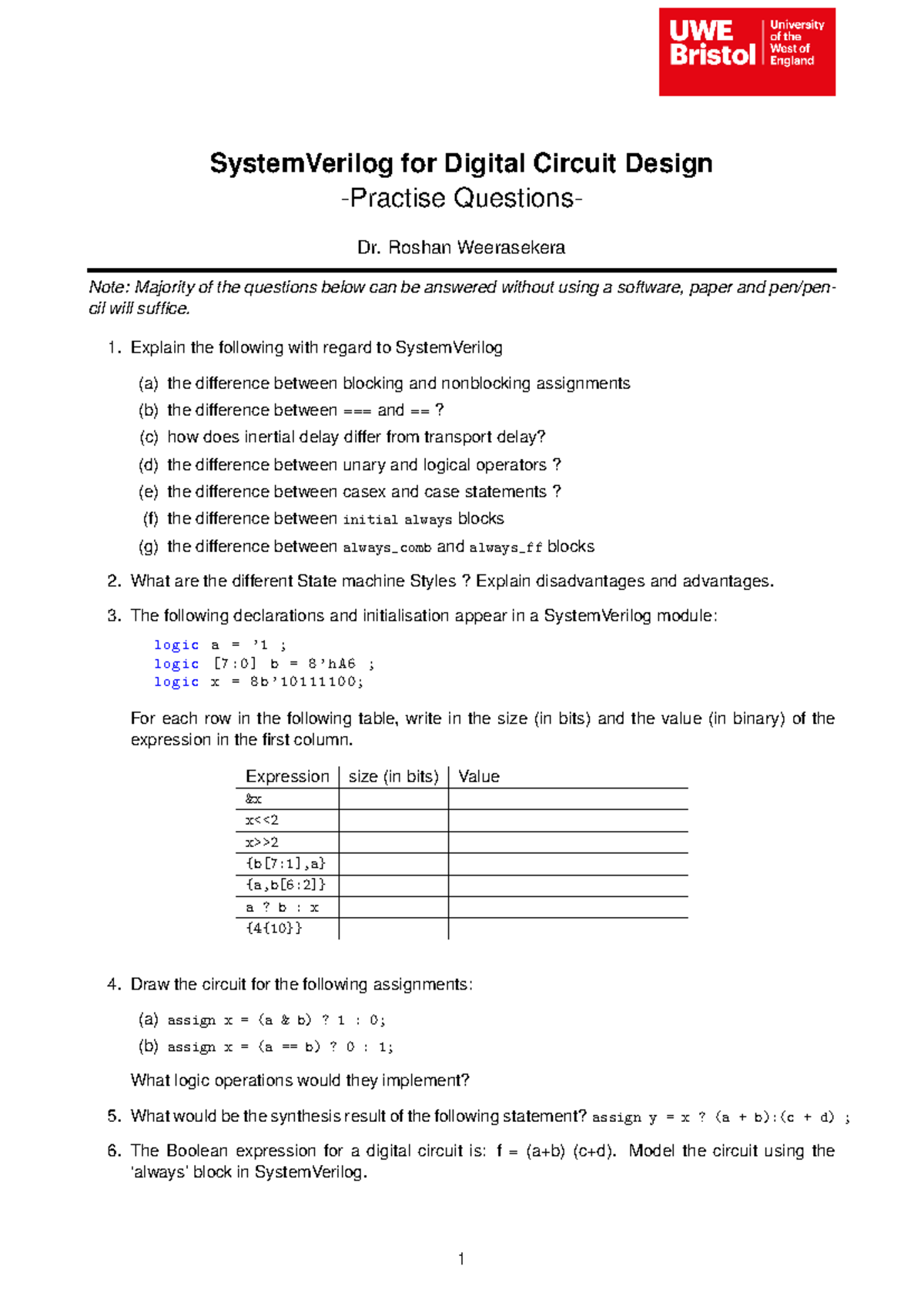 SystemVerilog Practice Questions for Digital Circuit Design (ELEC 302 ...