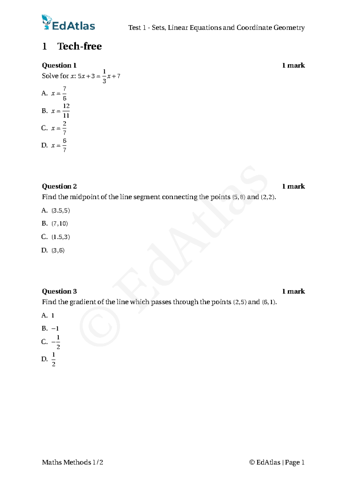 Test 1 - Sets, Linear Equations & Coordinate Geometry Questions - Studocu