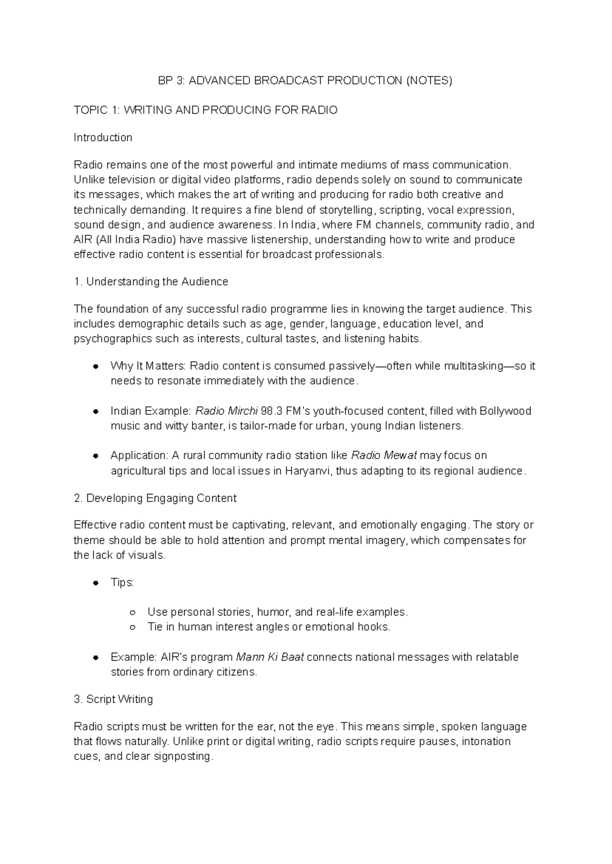 BP 3: ADVANCED BROADCAST PRODUCTION (NOTES) - WRITING & PRODUCING FOR ...