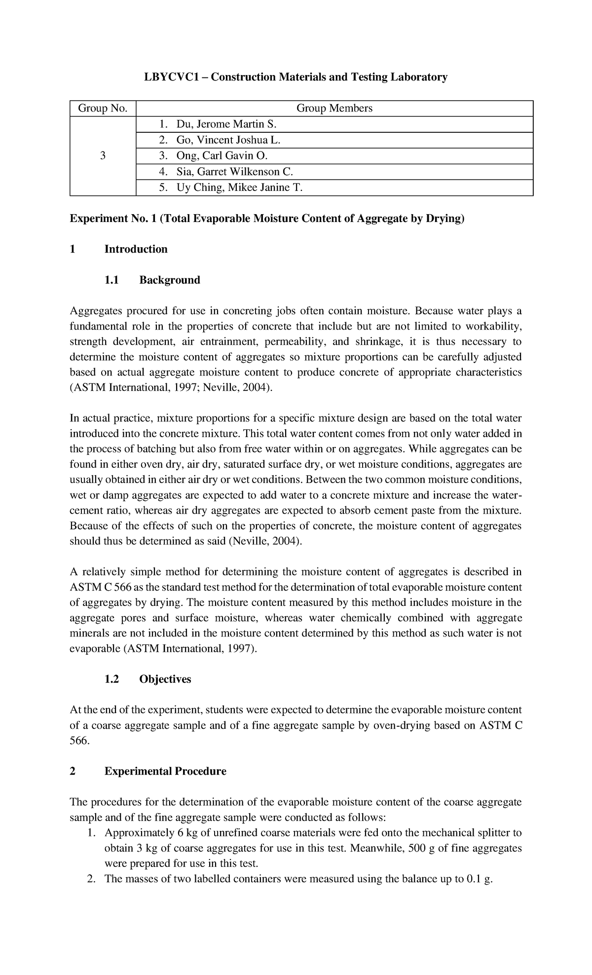 LBYCVC1 - Group 3 Exp1 Lab Report on Evaporable Moisture Content - Studocu