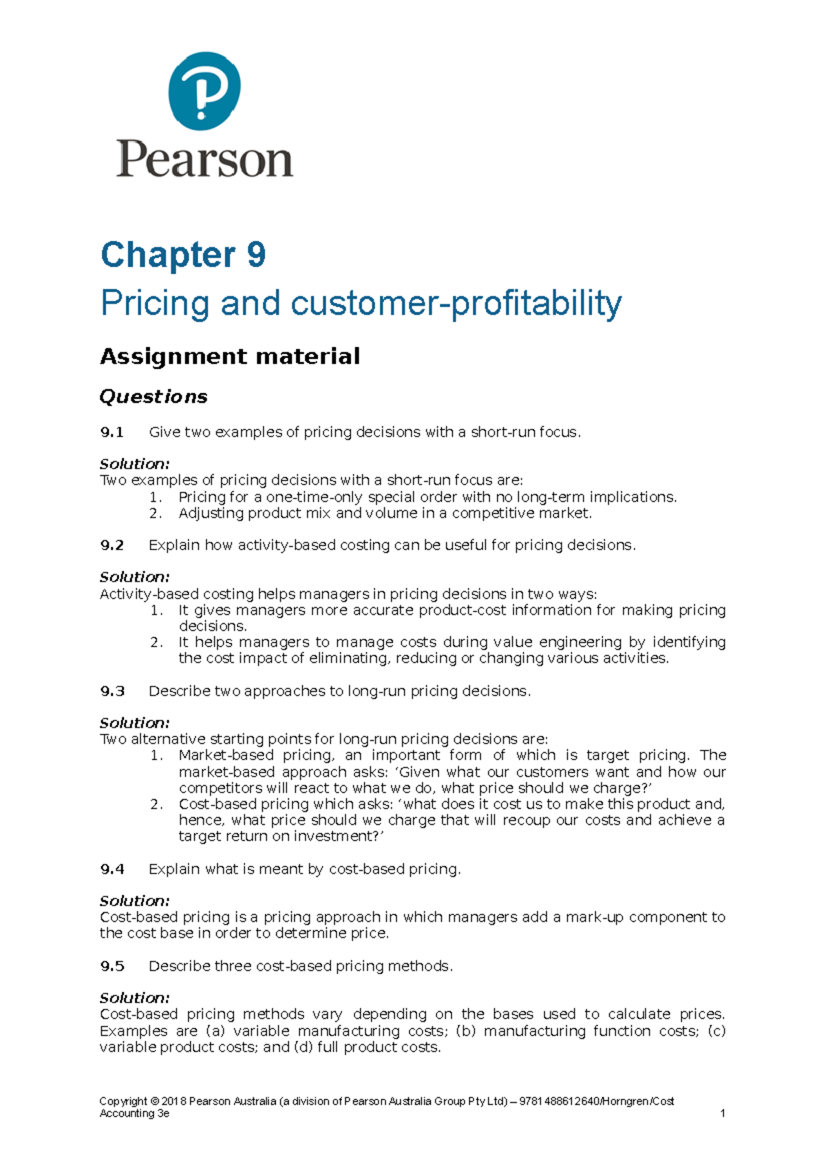 HORN COST 3E ISM 09 - Chapter 9 Solutions on Pricing & Customer ...