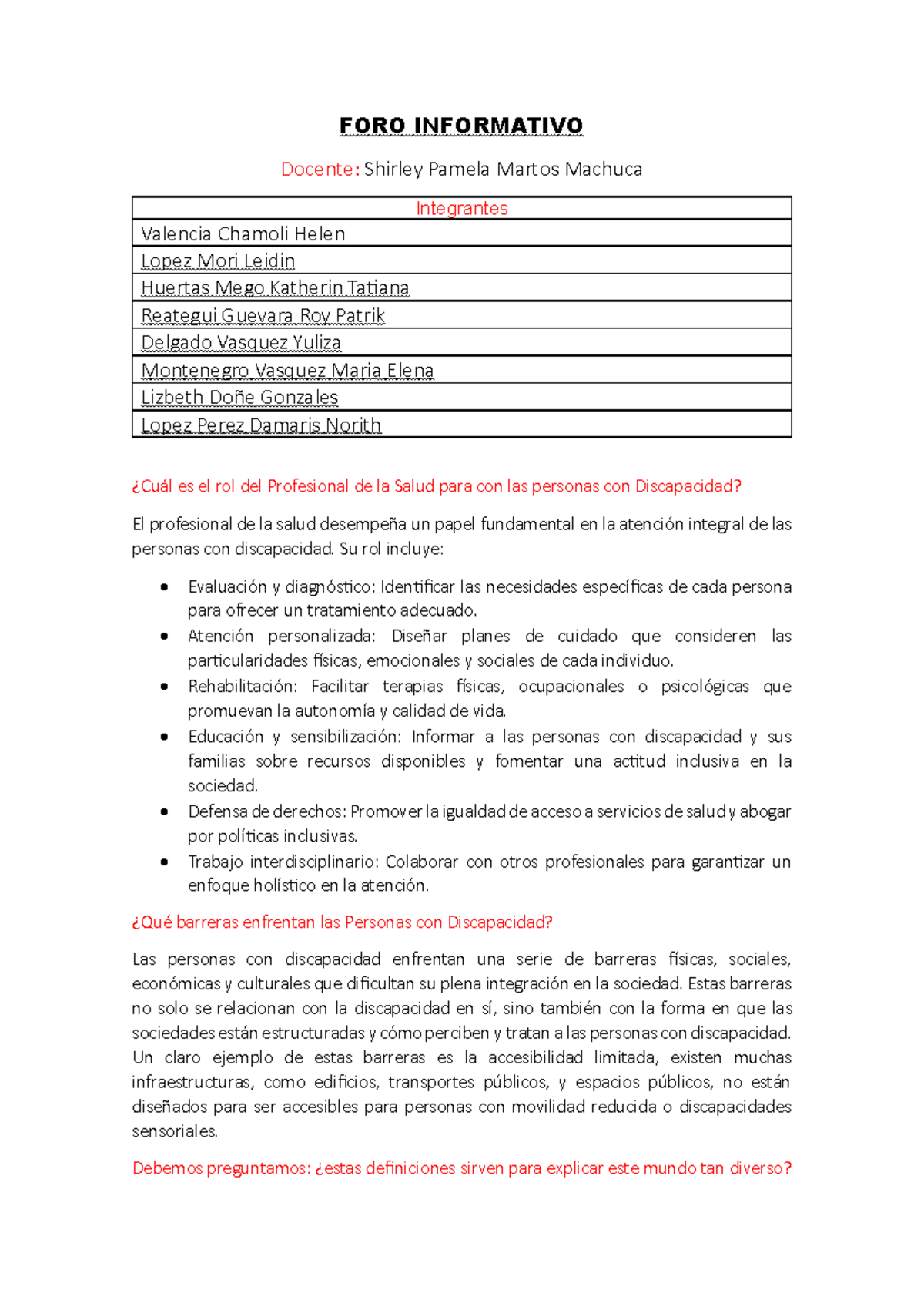 Foro informativo sobre el rol del profesional de la salud y barreras en ...