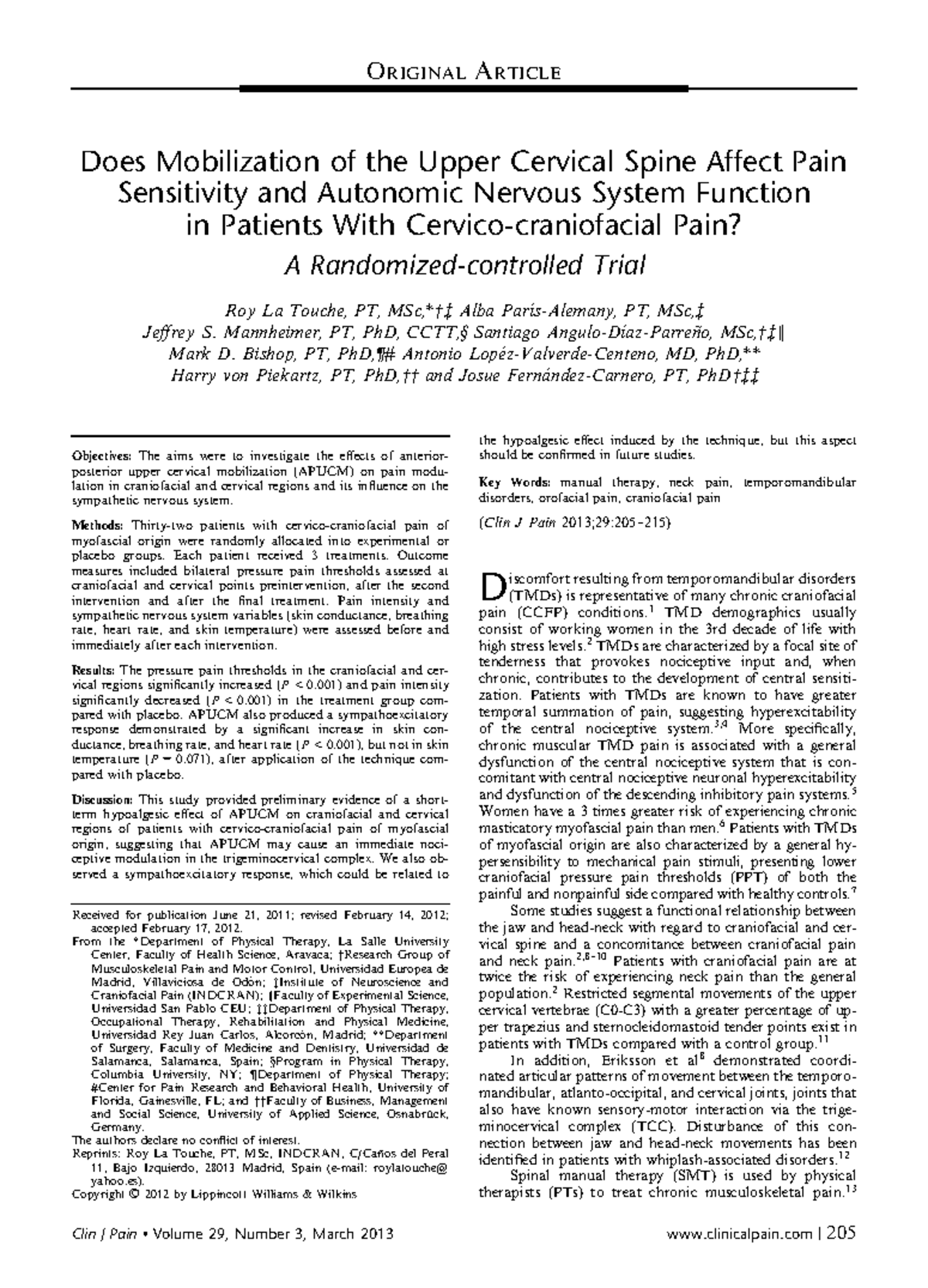 2013 Touche RCT on Upper Cervical Mobilization for TMD Pain Relief ...