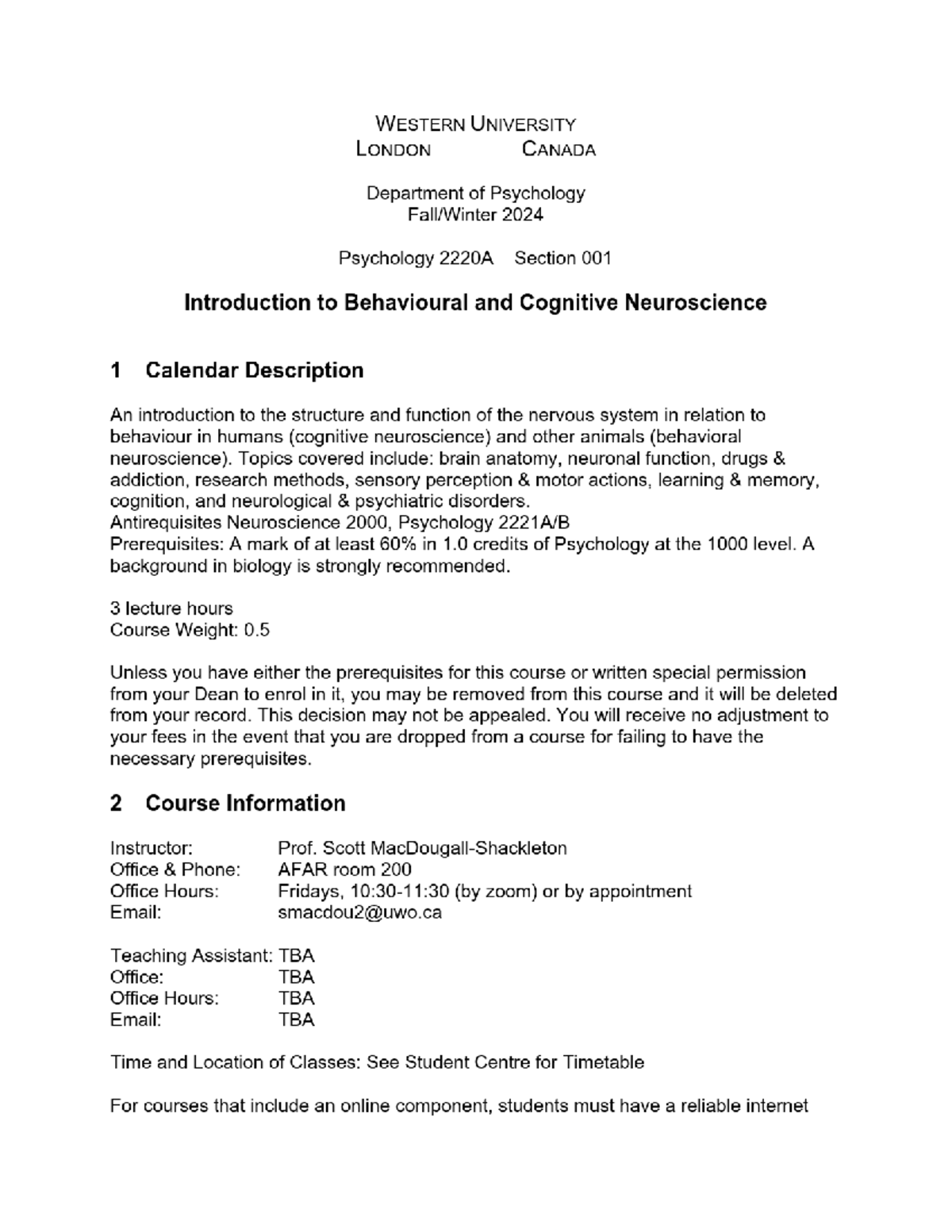 PSY 001 - Course Outline for Introduction to Behavioural & Cognitive ...