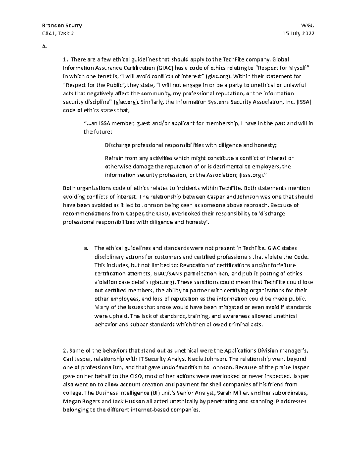 C841 Task 2 - Analysis of Ethical Issues at TechFite - Studocu