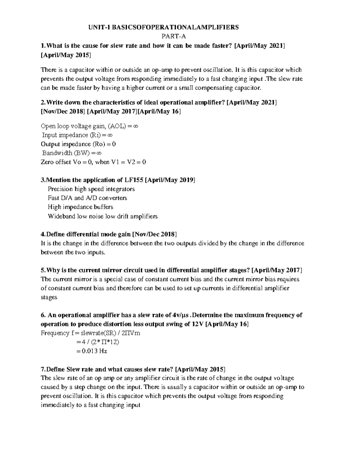 LIC UNIT 1: Operational Amplifiers - Key Concepts & Applications - Studocu
