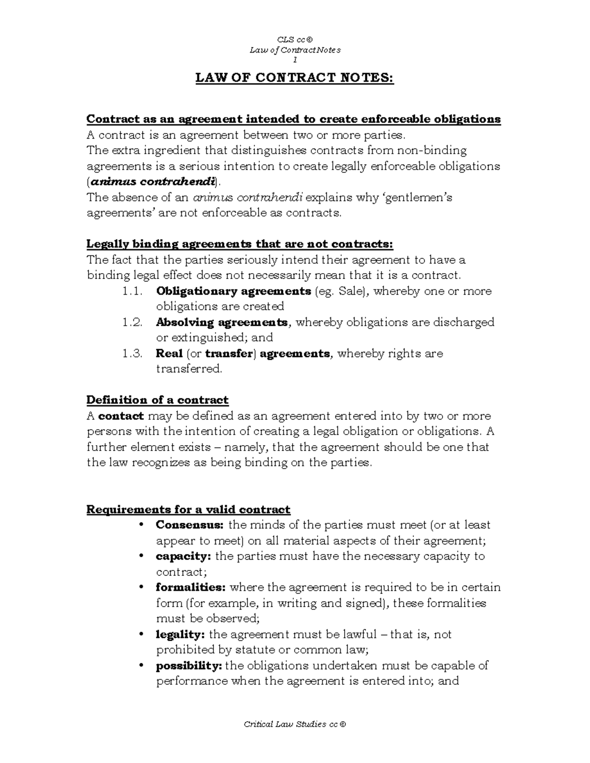 PVL3702 LAW OF CONTRACT NOTES - Law of Contract Notes 1 LAW OF CONTRACT ...