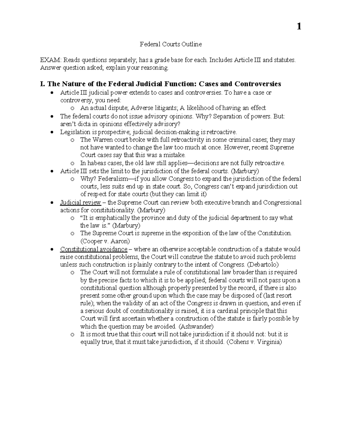 Federal Courts Outline Exam: Key Concepts and Jurisdiction Analysis ...