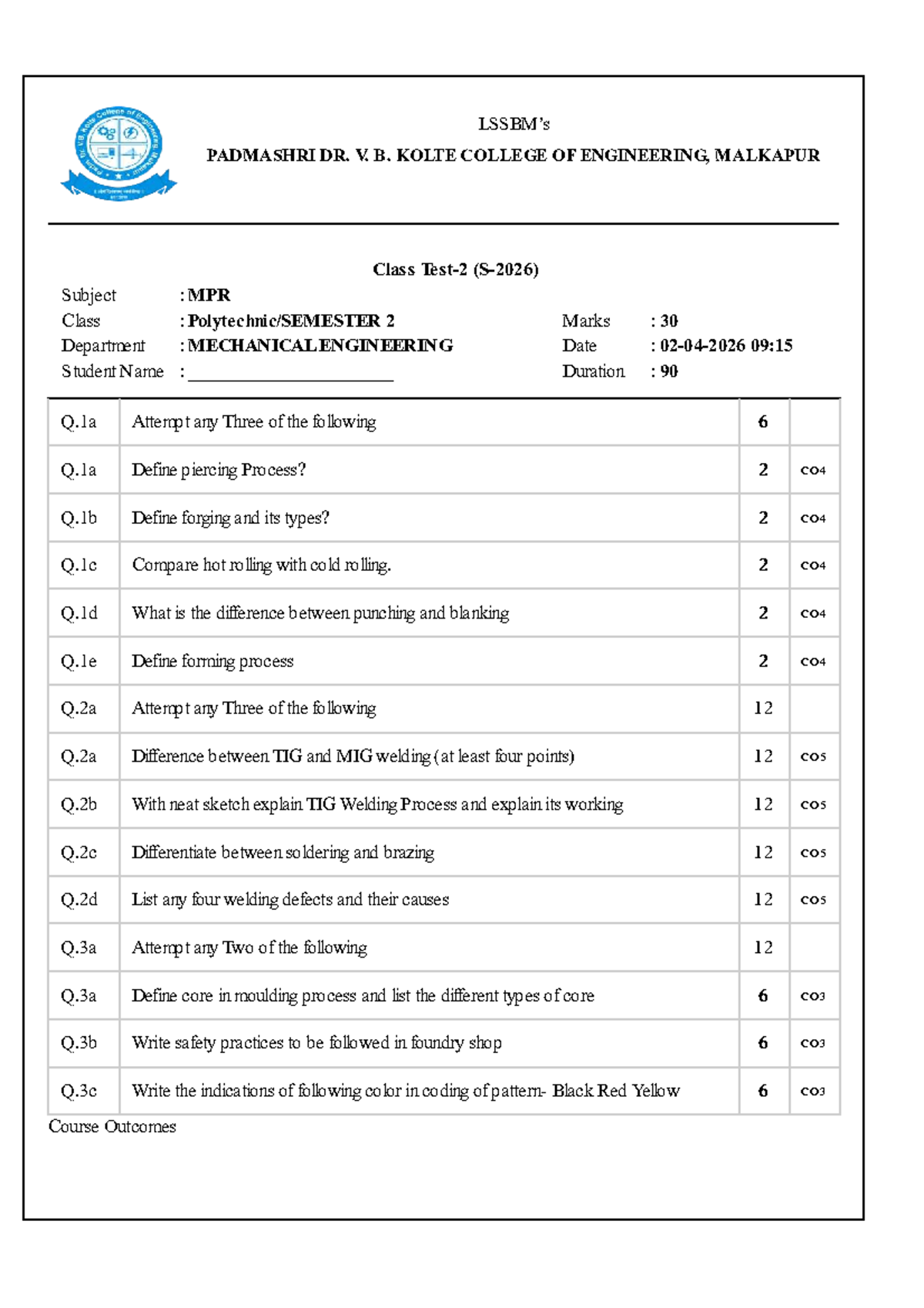 MPR 2 Mechanical Engineering Ques Paper Set (70) - 30/09/15 - Studocu