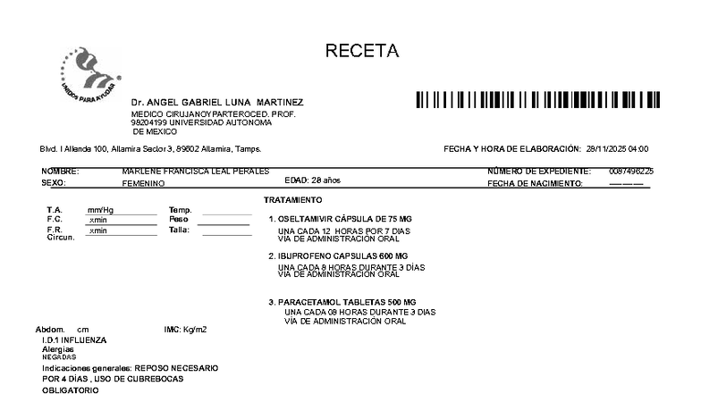 RECETA MÉDICA: Tratamiento para Dolor de Garganta - 2025 - Studocu
