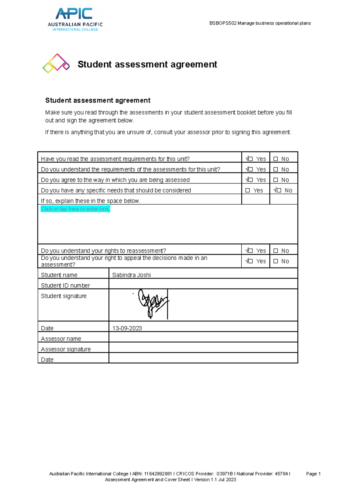 Bsbops 502 Assessment Agreement and Cover Sheet Jul 2023 - BSBOPS502 ...