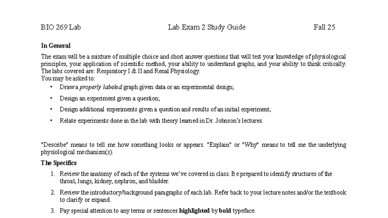 BIO 269 Lab Exam 2 Study Guide: Respiratory & Renal Physiology - Studocu