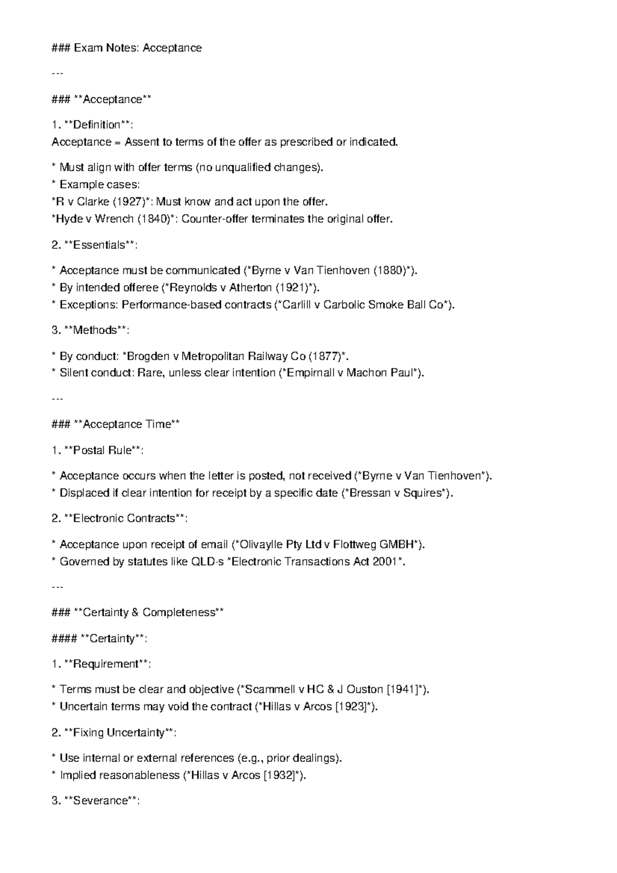 Acceptance Exam Notes: Key Principles and Case Examples - Studocu