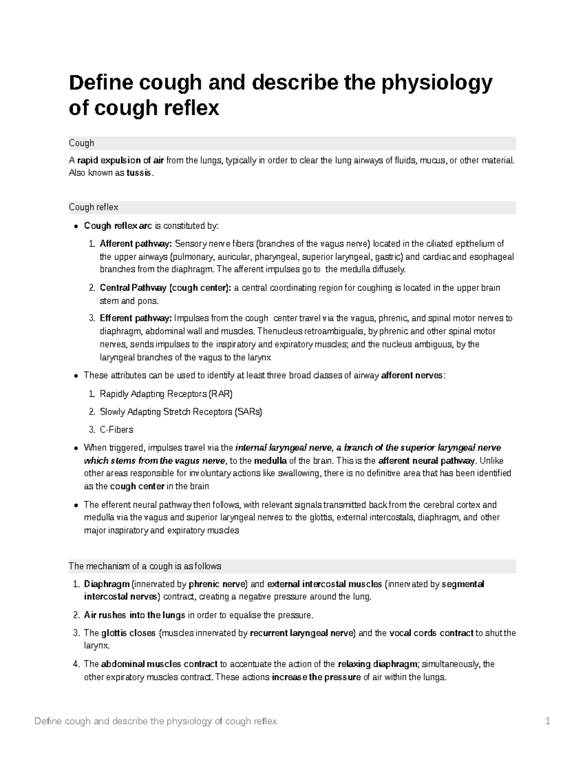 Physiology of Cough Reflex: Definition and Mechanism Explained - Studocu