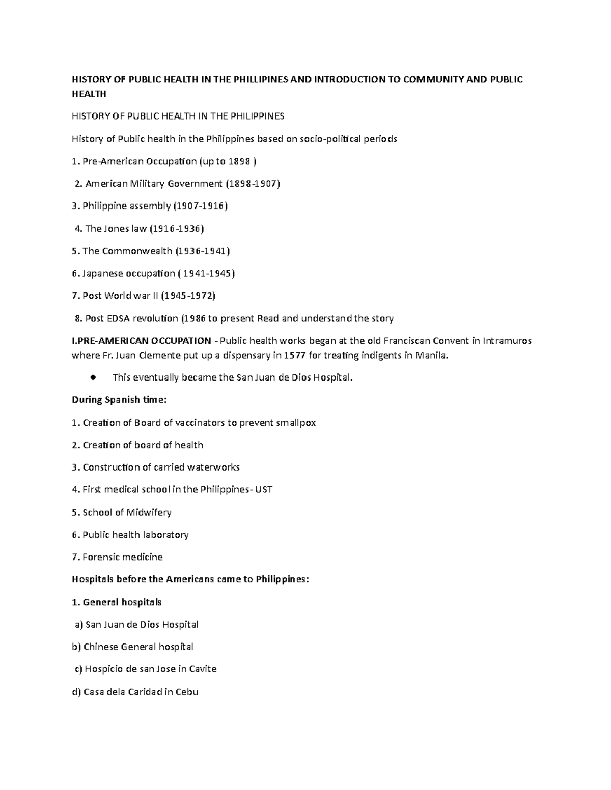 CPH M - Prelim lecture notes - HISTORY OF PUBLIC HEALTH IN THE ...
