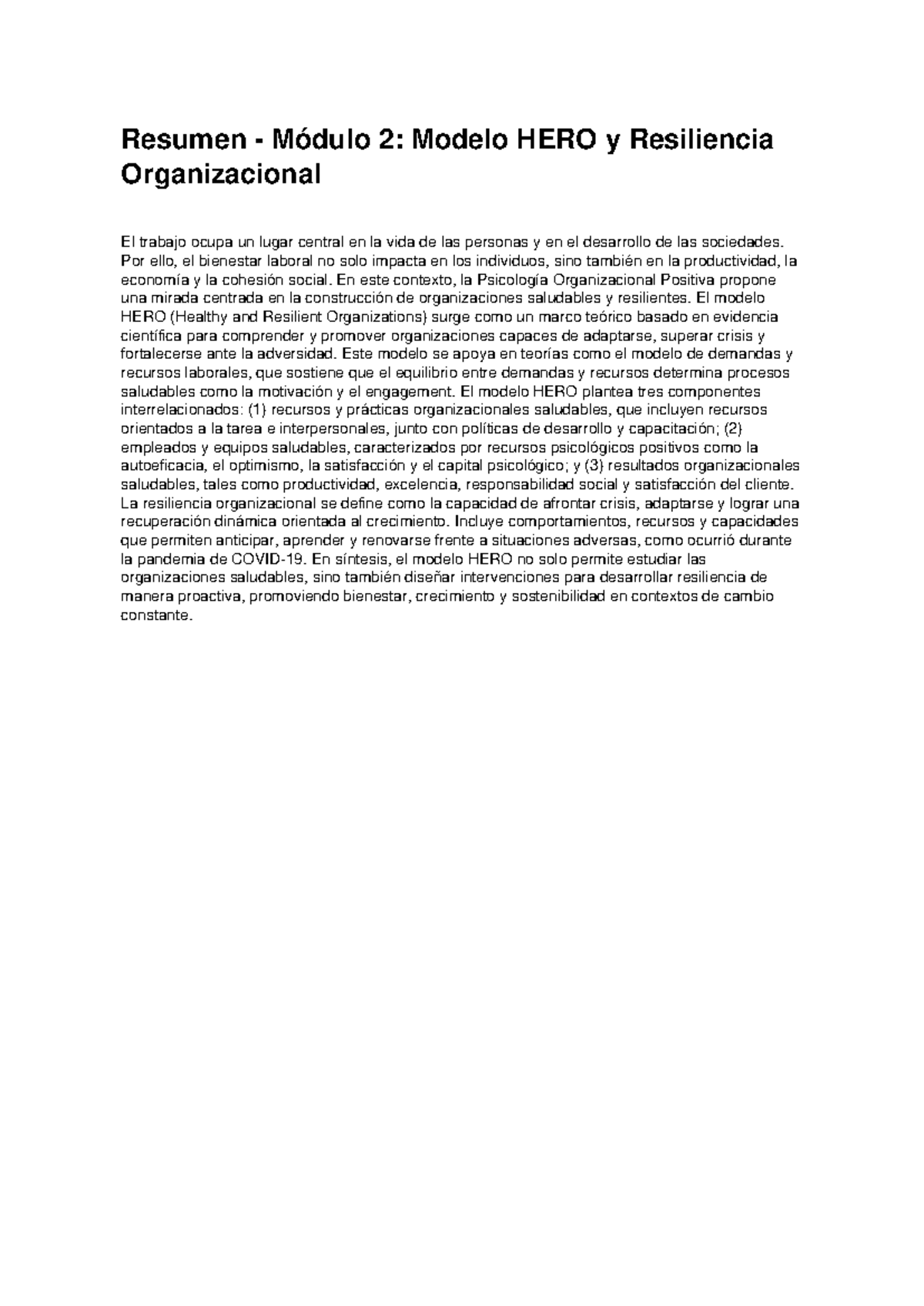 Resumen Módulo 2: Modelo HERO y Resiliencia Organizacional - Studocu