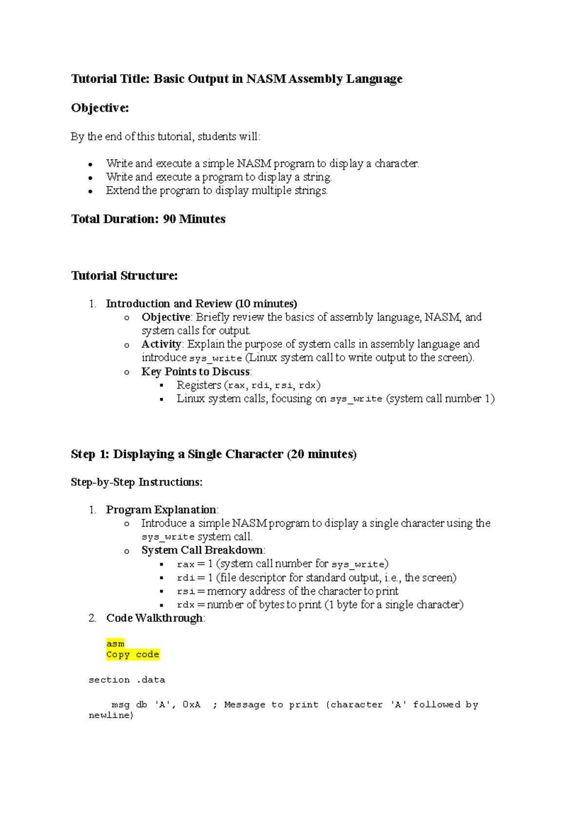 T4: Basic Output Operations in NASM Assembly Language Tutorial - Studocu