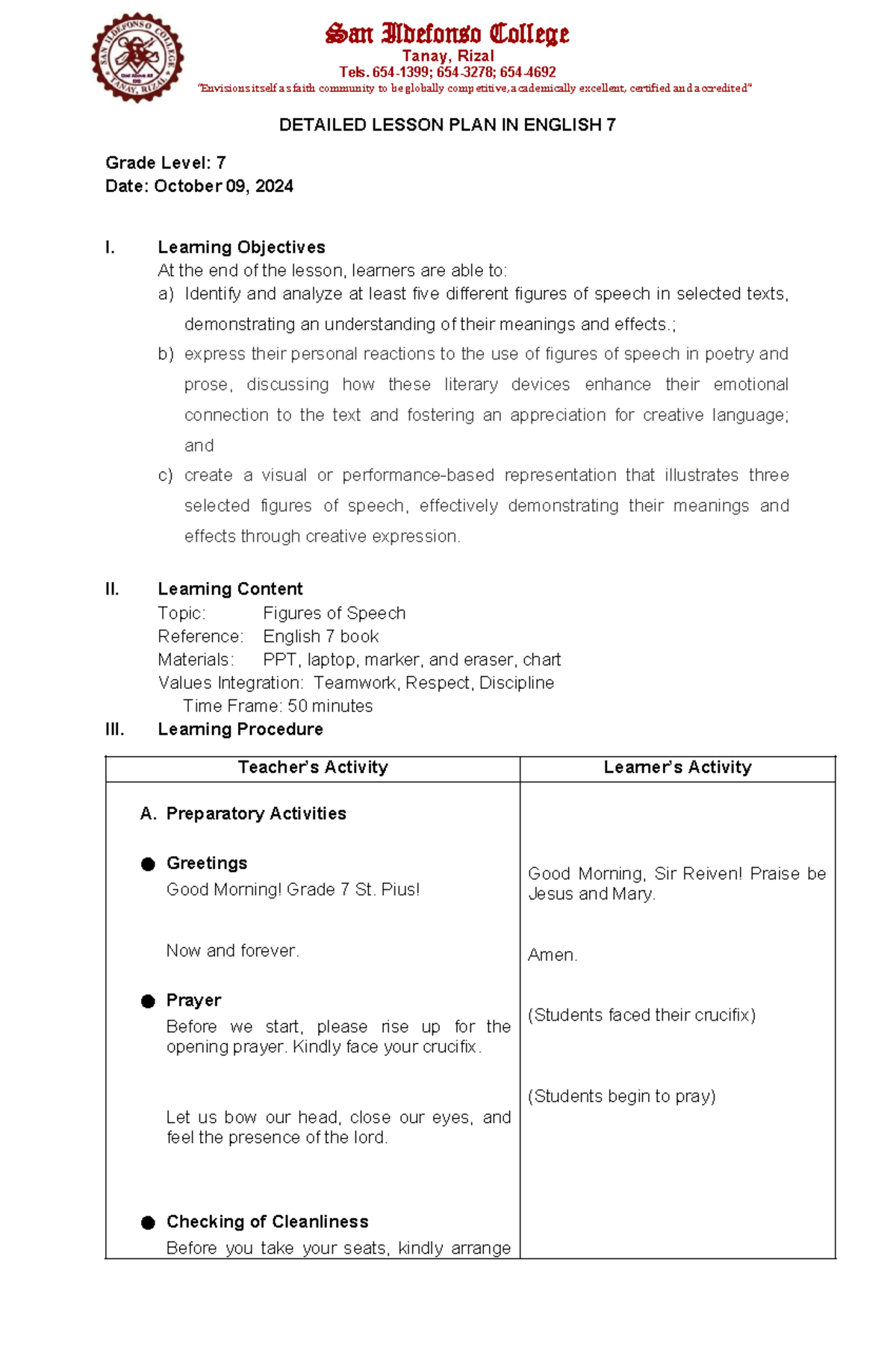 Detailed Lesson Plan in English 7: Figures of Speech Activities - Studocu