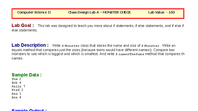 CS II Lab A: Monster Class Design & Comparison Techniques - Studocu