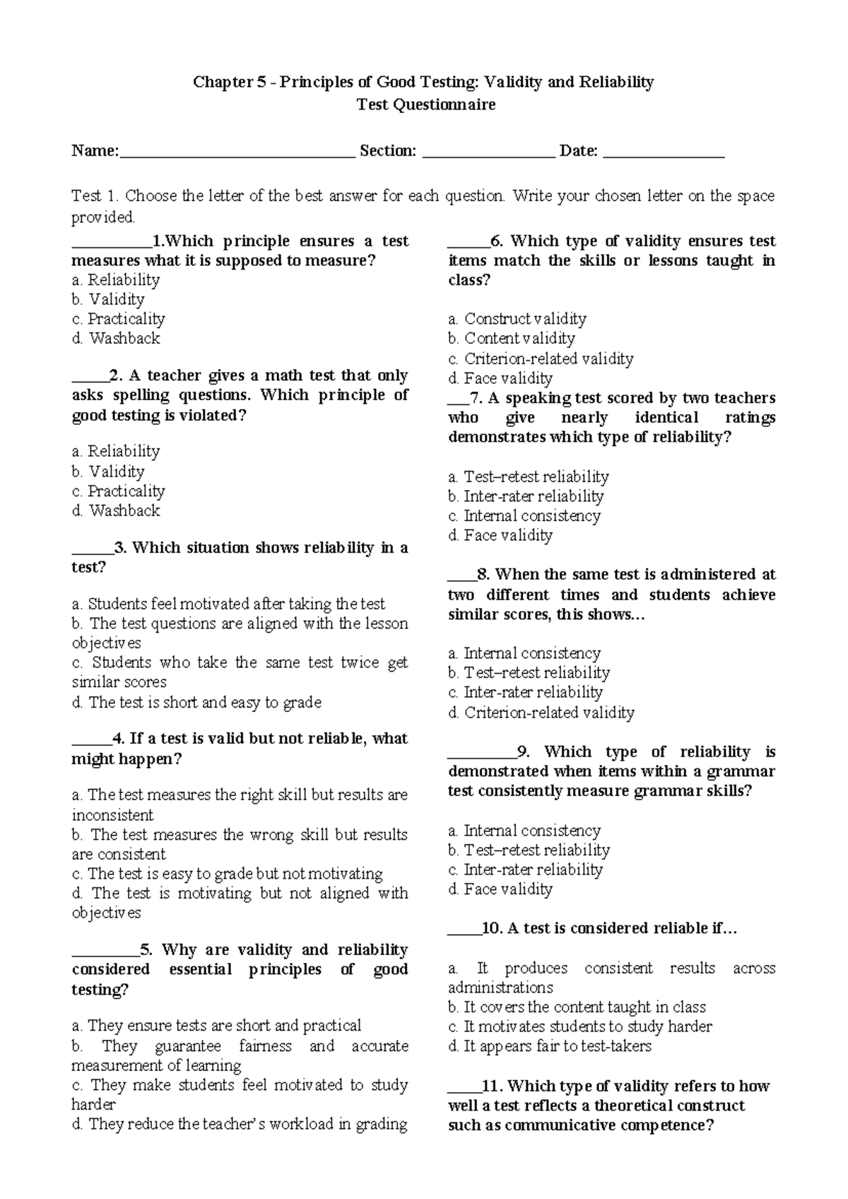 Chapter 5: Principles of Good Testing - Validity & Reliability Quiz ...