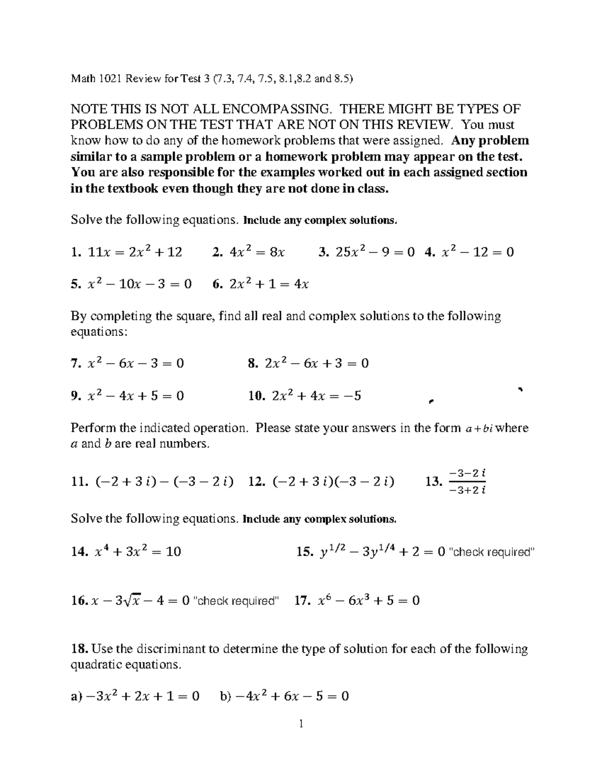 Math 1021 Test 3 Review Fall 2022 - Math 1021 Review for Test 3 (7, 7 ...