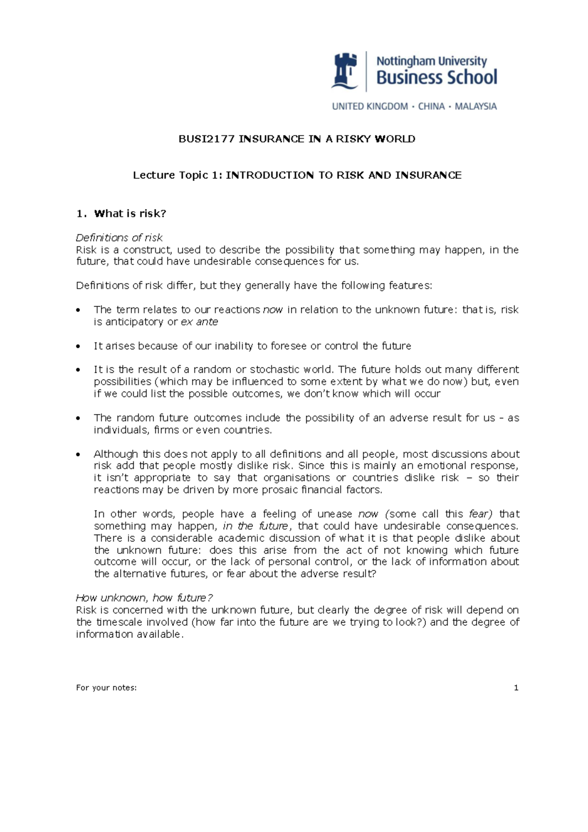 Lecture 1 Introduction (2021) - Notes - BUSI2177 INSURANCE IN A RISKY ...