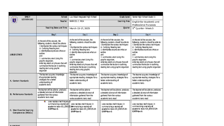 DLL Q3 EAPP Week 5 - Daily Lesson Log for Grade 11 - Studocu