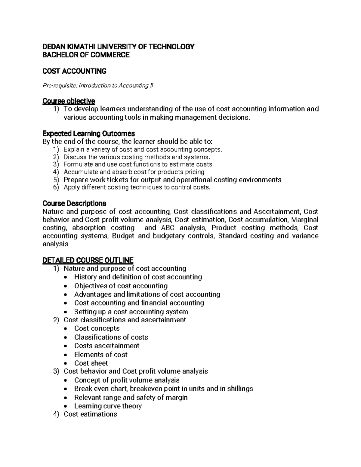 Course Outline for Cost Accounting HBC 2117 & BCM 2102 - Studocu