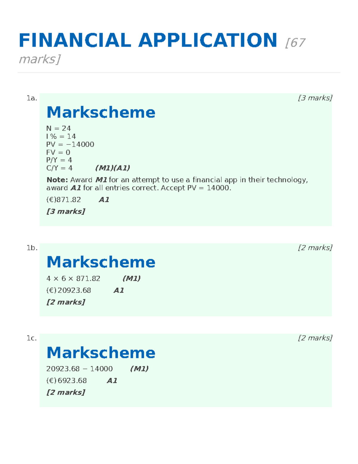 Finance MS Markscheme for Financial Applications 1a-7b - Studocu