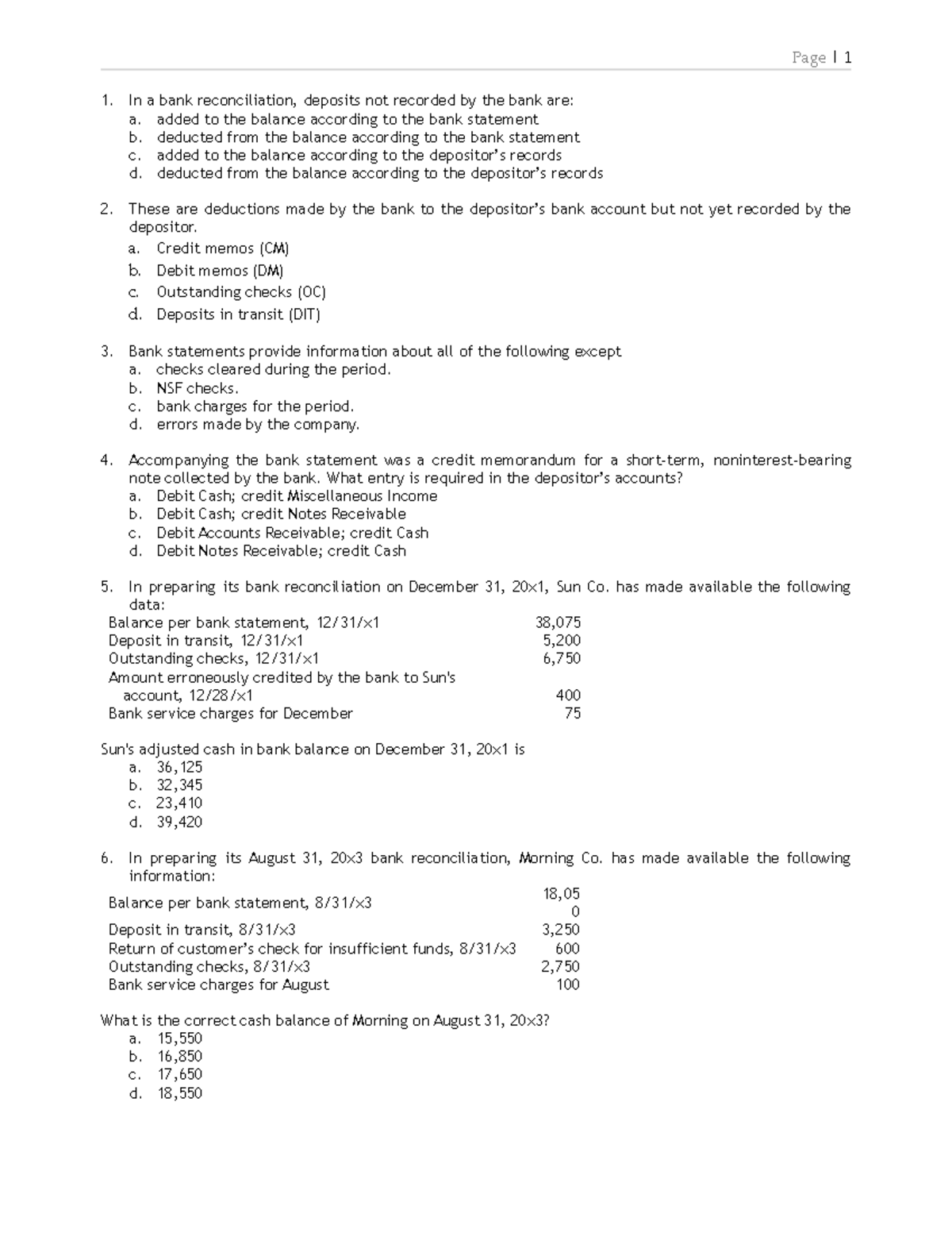 III. Practice Set: Bank Reconciliation Exercises and Solutions - Studocu