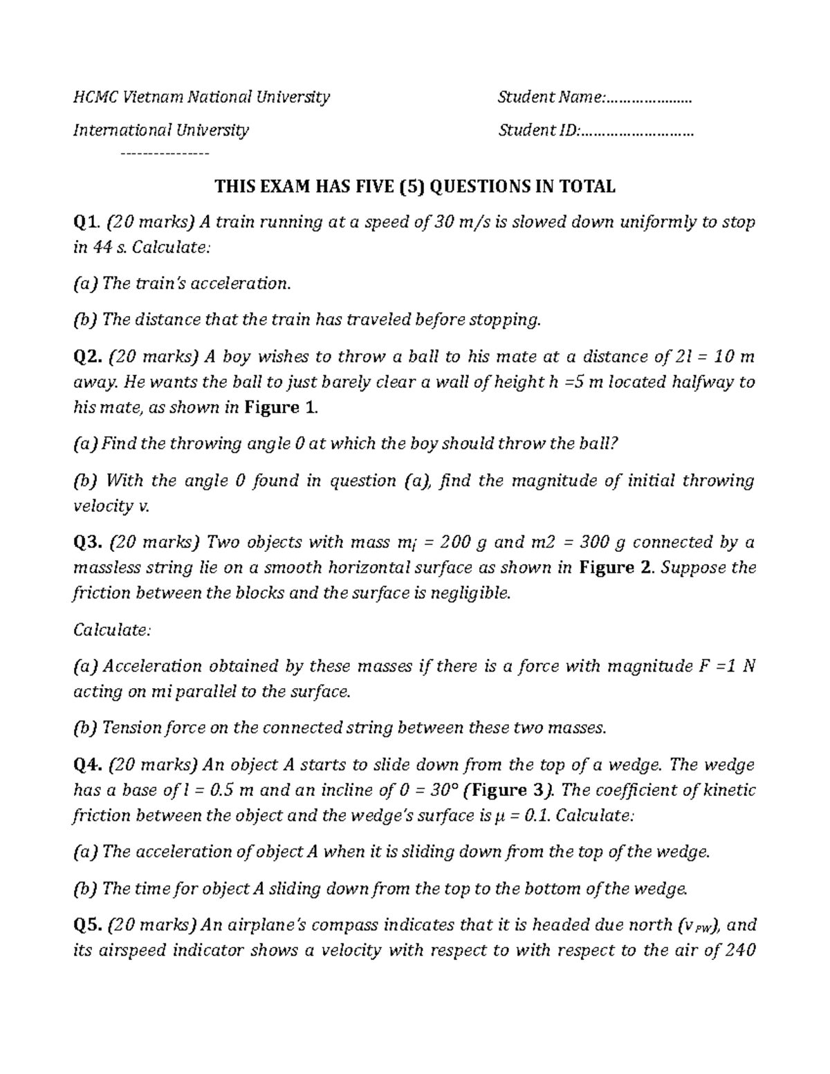 Physics 1 - Midterm Exam Questions & Solutions - Studocu