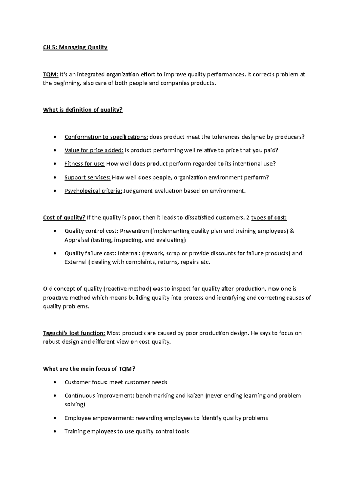 CH 5 - Managing Quality: Key Concepts and TQM Principles Summary - Studocu