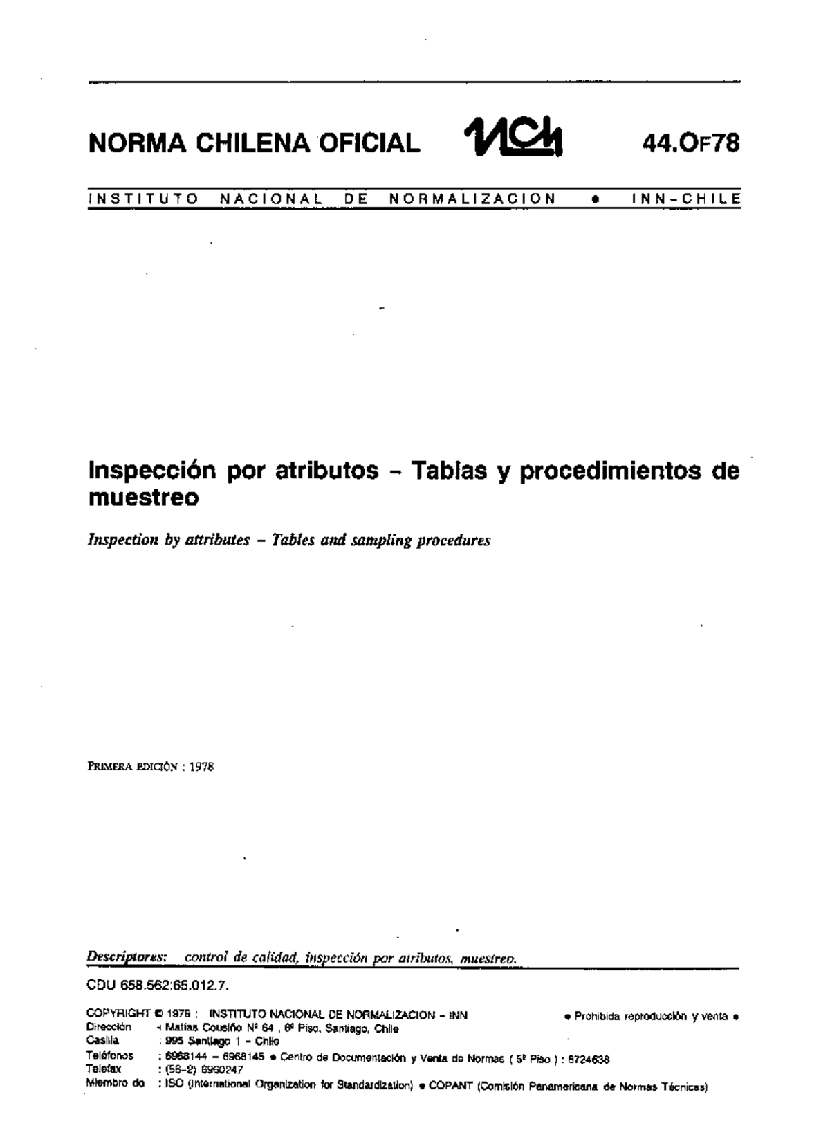 NCh44 Of78 Inspección por Atributos: Tablas y Procedimientos - Document Preview