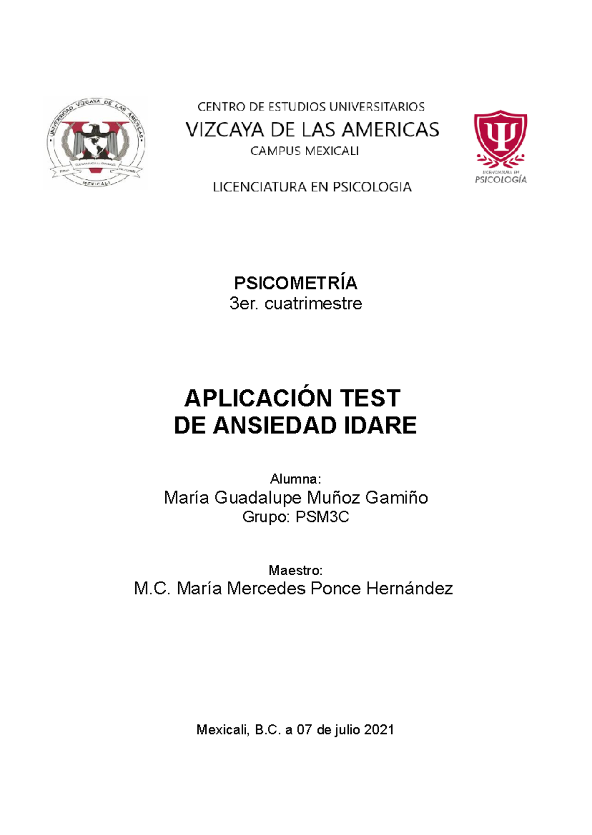 Evaluación Psicométrica: Aplicación del Test de Ansiedad IDARE PSM3C ...