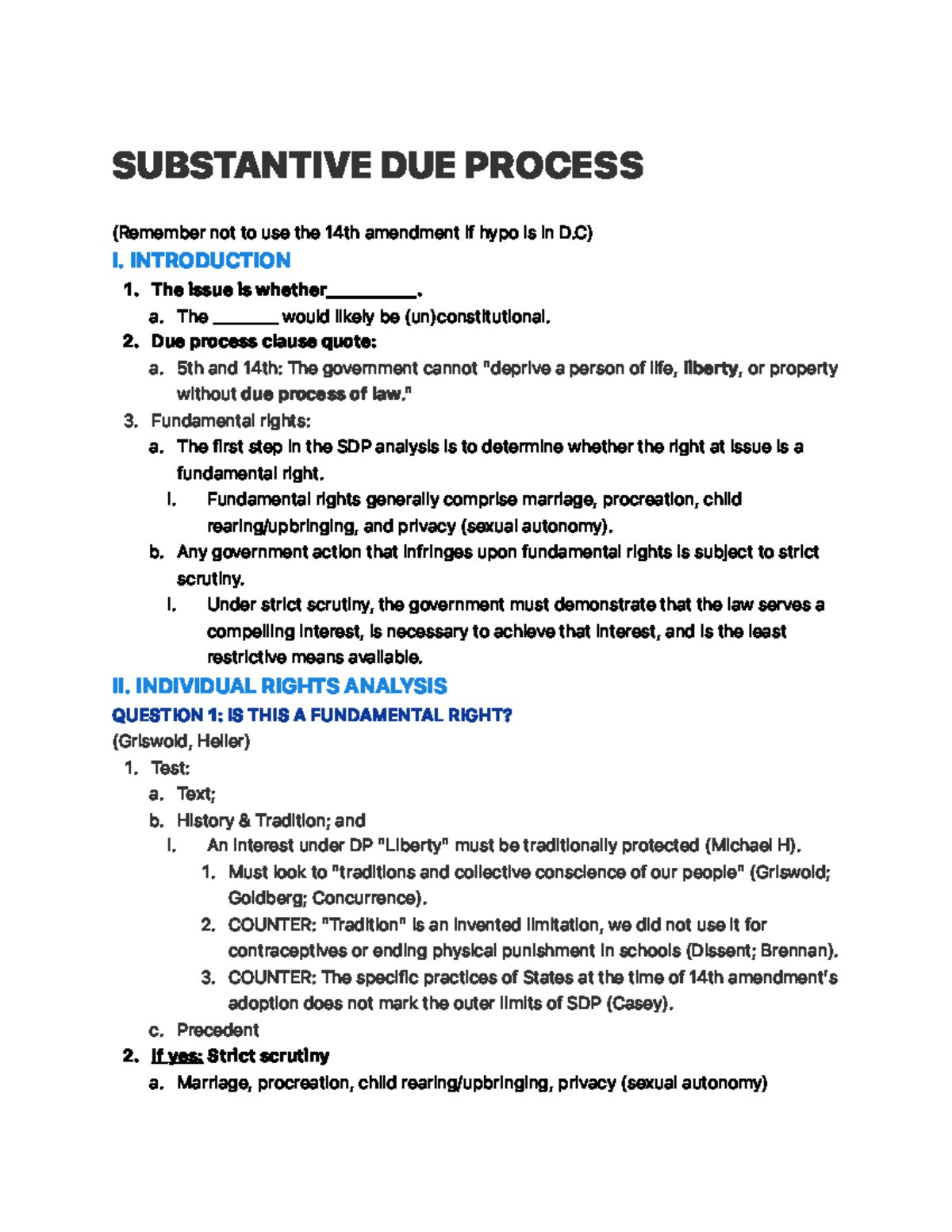 SDP Outline: Substantive Due Process Analysis and Key Cases - Studocu