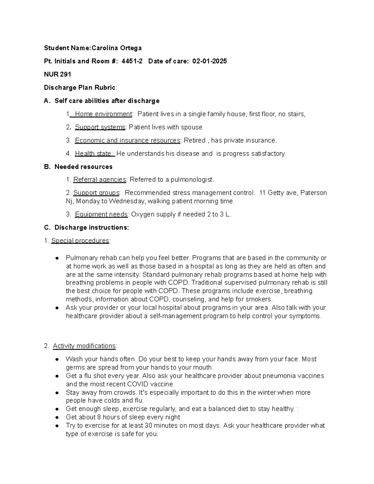 NUR 291 Discharge Plan: Patient Care Instructions and Resources - Studocu