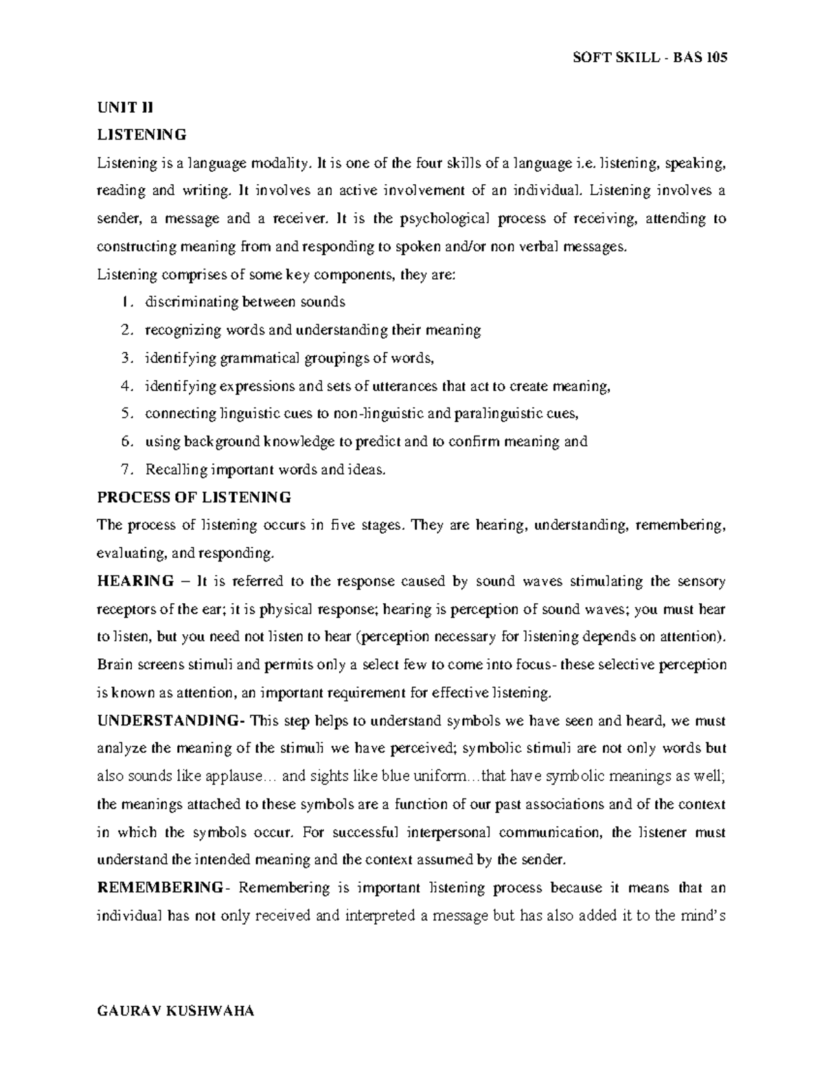 UNIT II Listening Skills and Techniques for Effective Communication ...