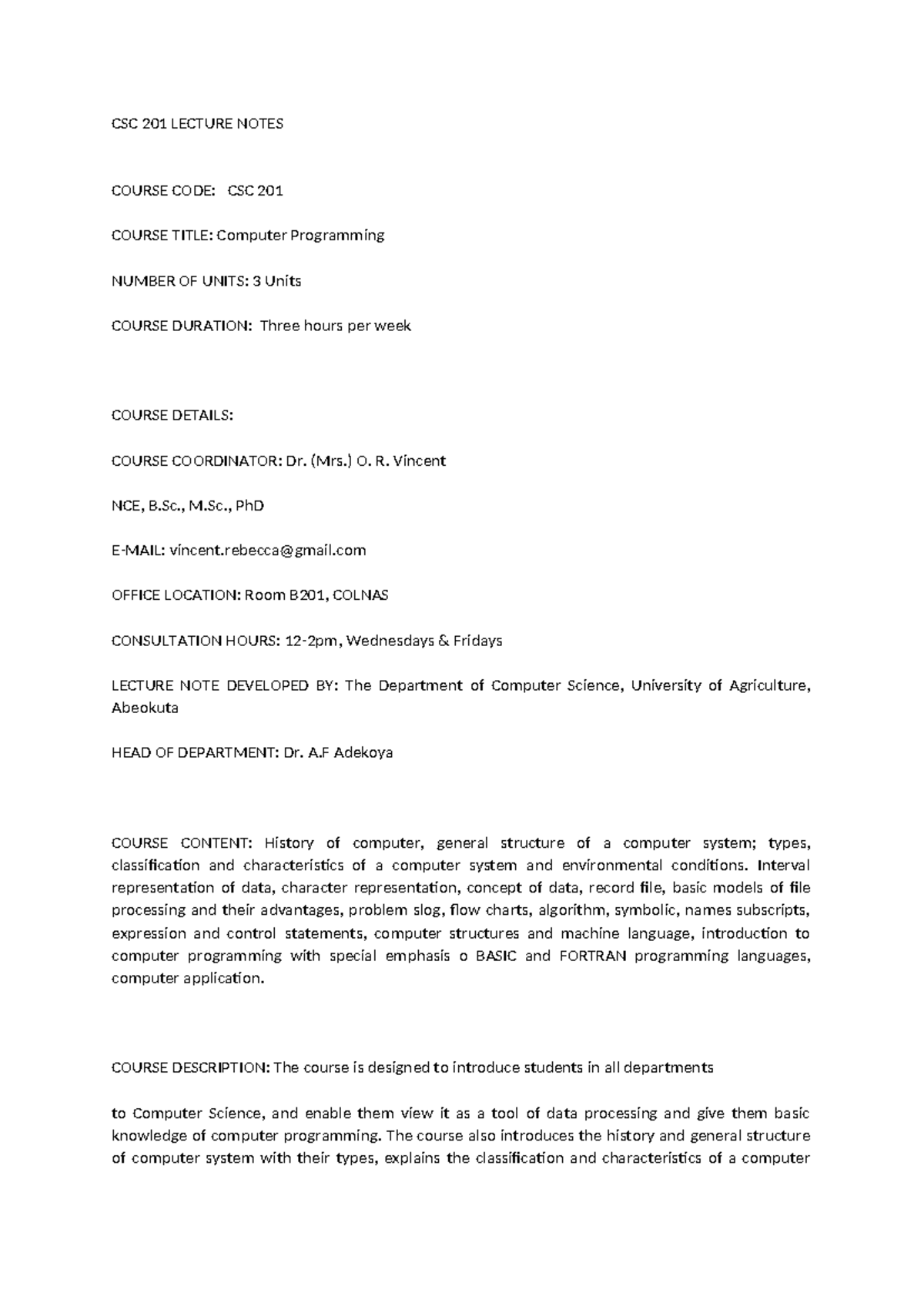 CSC 201 Final Lecture Notes on Computer Programming Concepts - Studocu